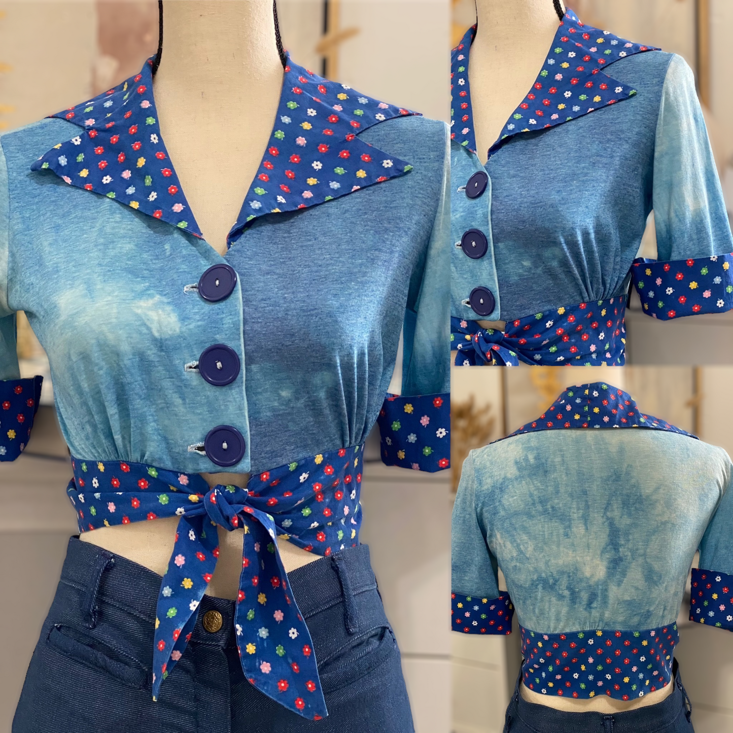70s Tie Dye Button & Tie Front Crop Top (S, 35" Bust)
