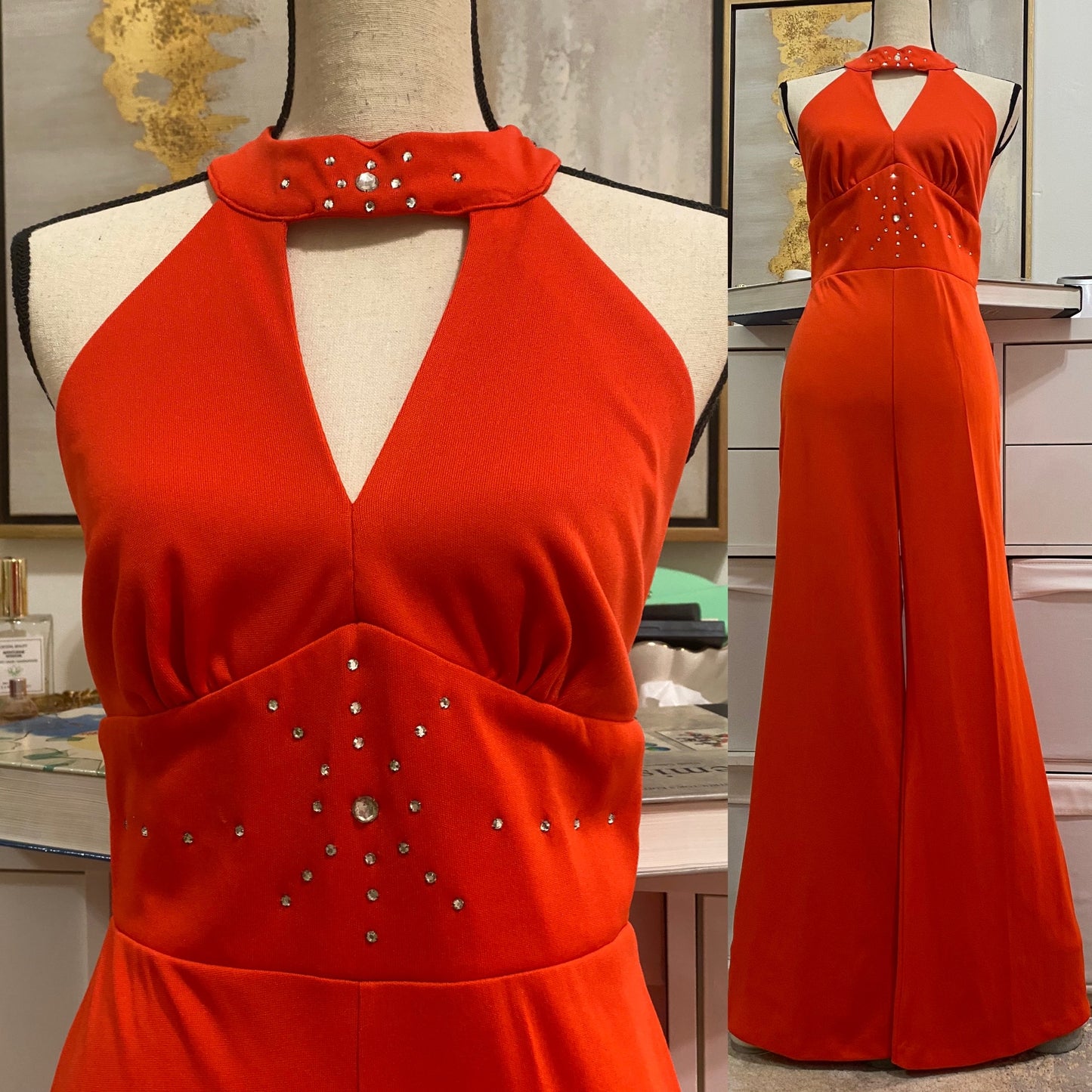 70s Rhinestone Bell Bottom Disco Jumpsuit (M,28” waist)