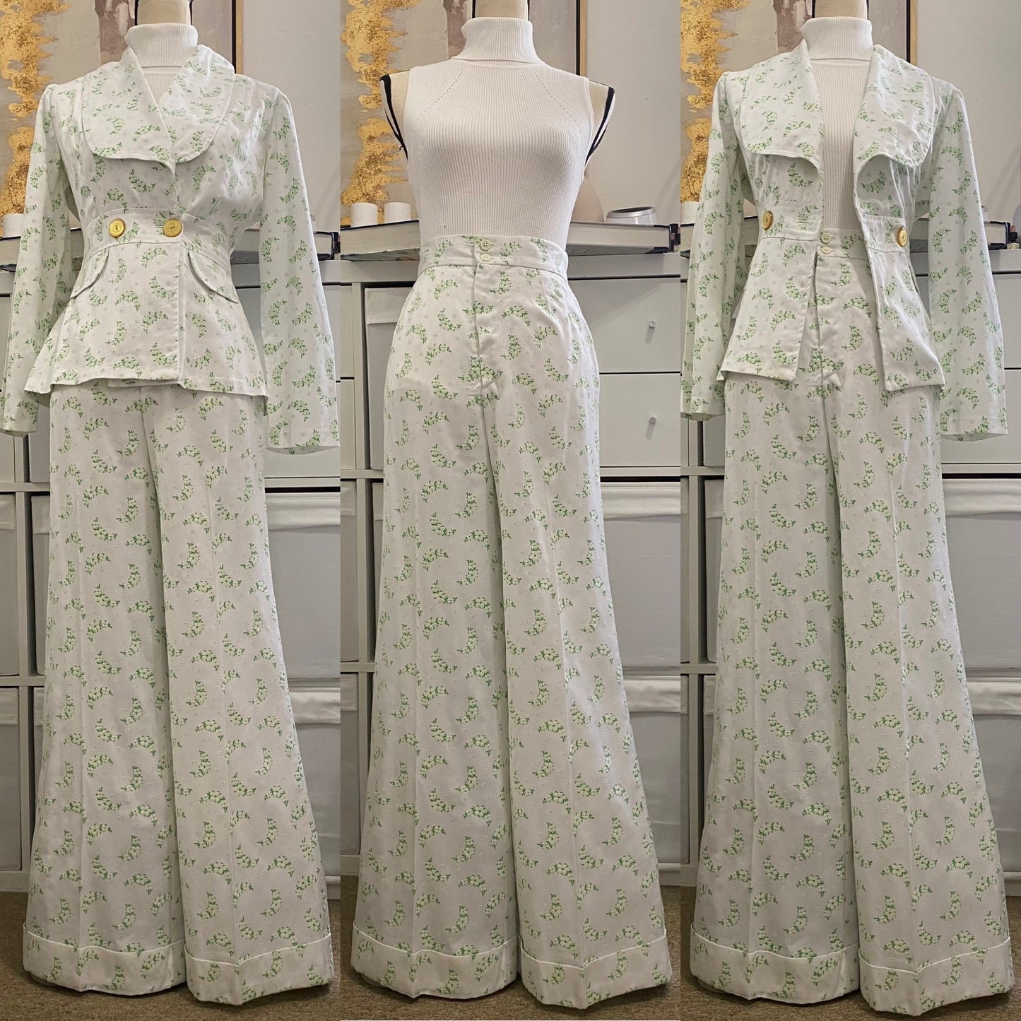 60s-70s Floral 2PC Bell Bottom Pantsuit (S, 26"Waist)