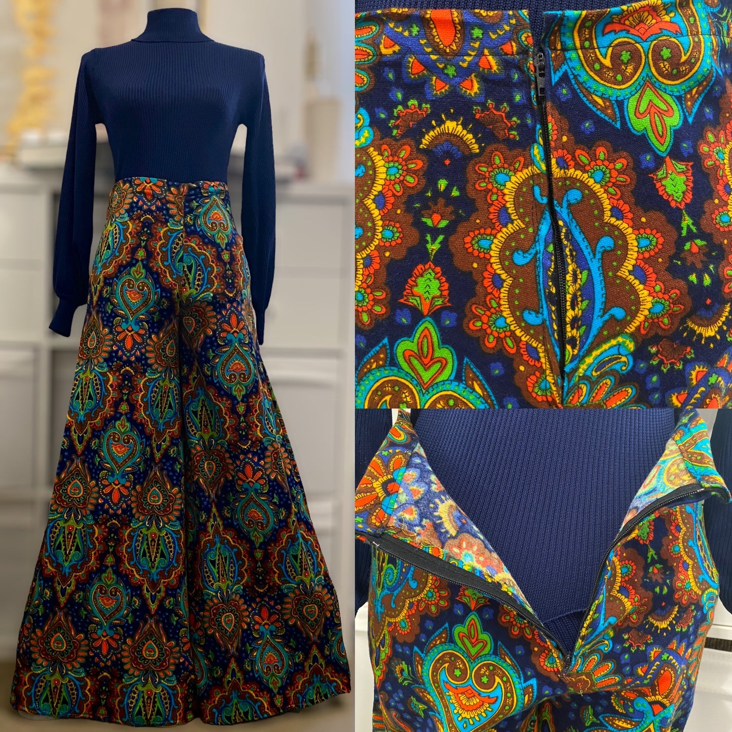 60s-70s Psychedelic Palazzo Mid-High Rise Pants (S-M, 30" Waist)