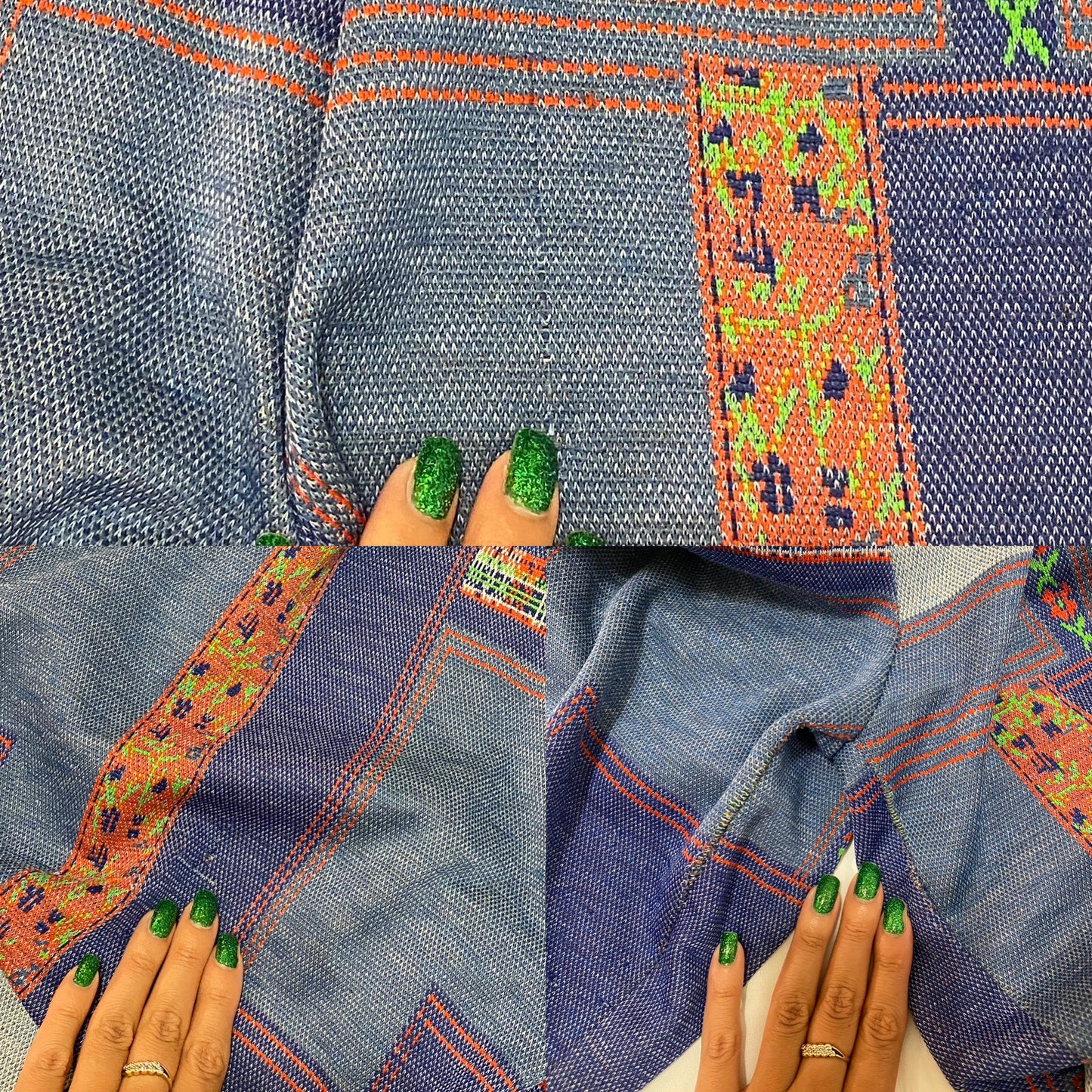 70s Faux Denim, Patchwork & Florals 2PC Pant set (S-M, 21"-31" Waist)