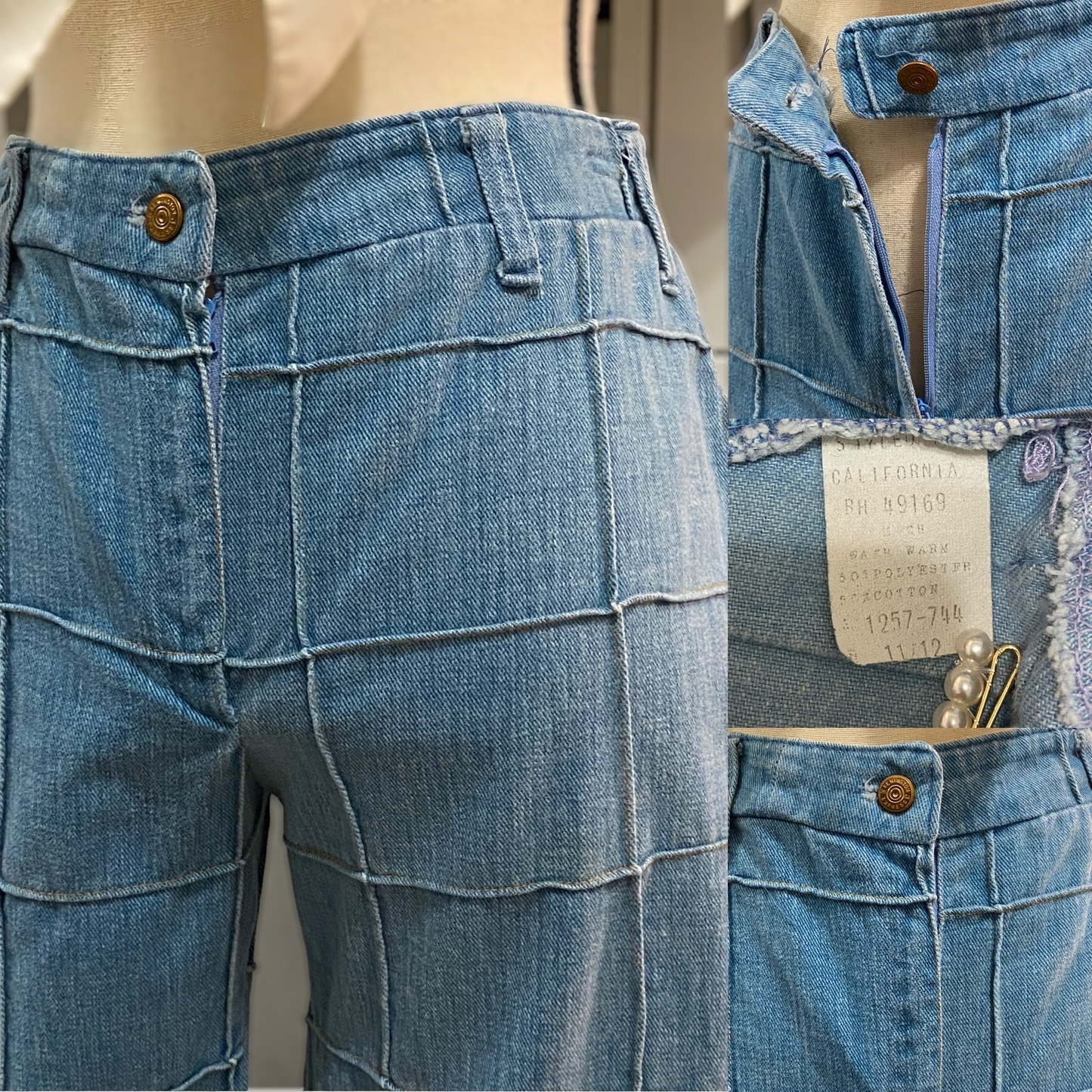 70s Windowpane Denim Blend Midrise Pants (S-M, 27" Waist)