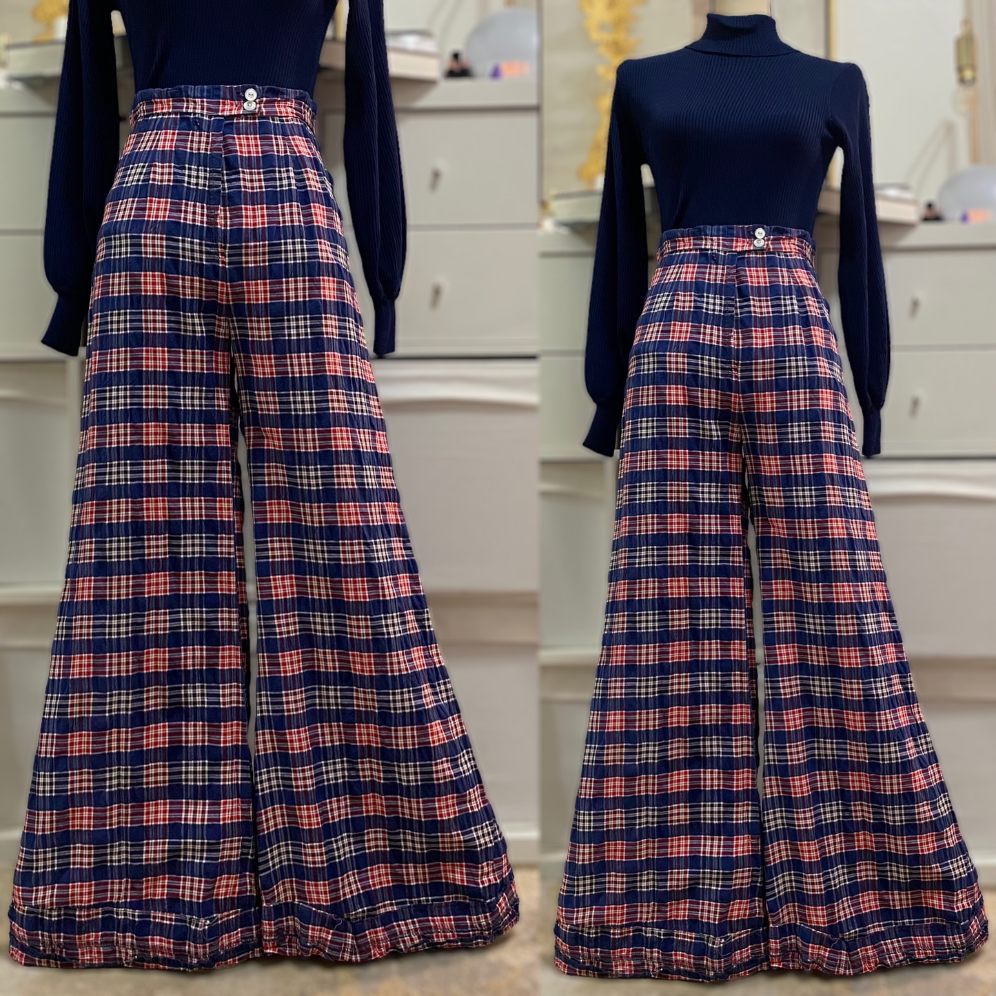 70s Plaid Bell Bottom Pants (S,26” waist)