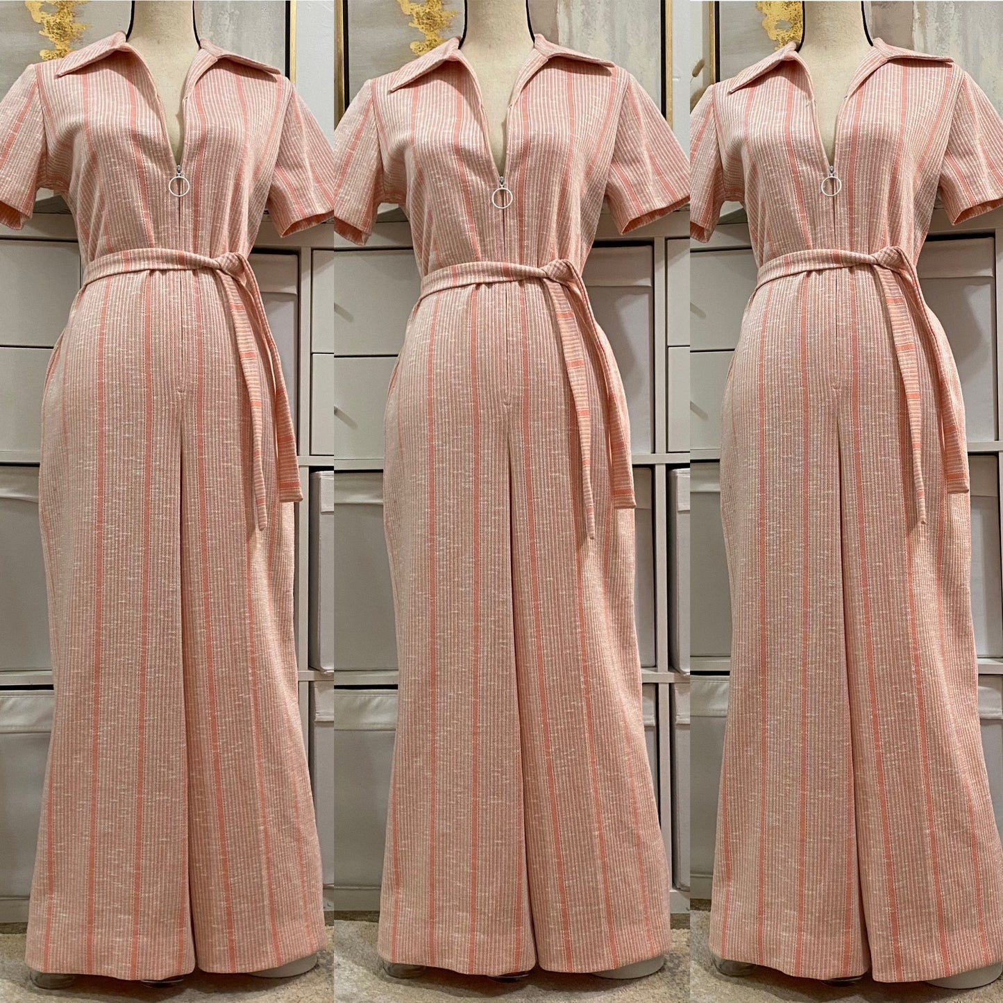 70s O-Ring, Zipper Front Striped Jumpsuit (L, 35"W)
