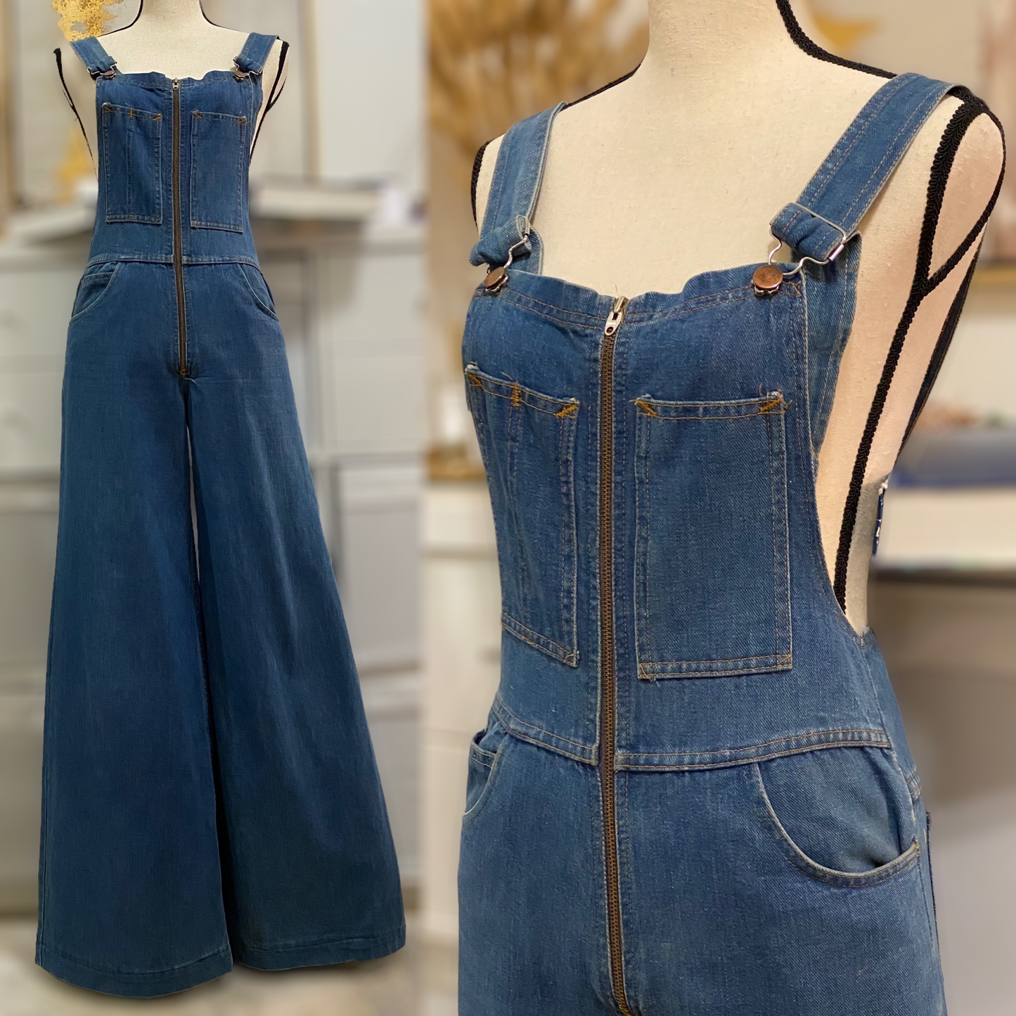 70s Cotton Denim Bell Bottom Flare Overall Jumpsuit (S-M, 28"W)