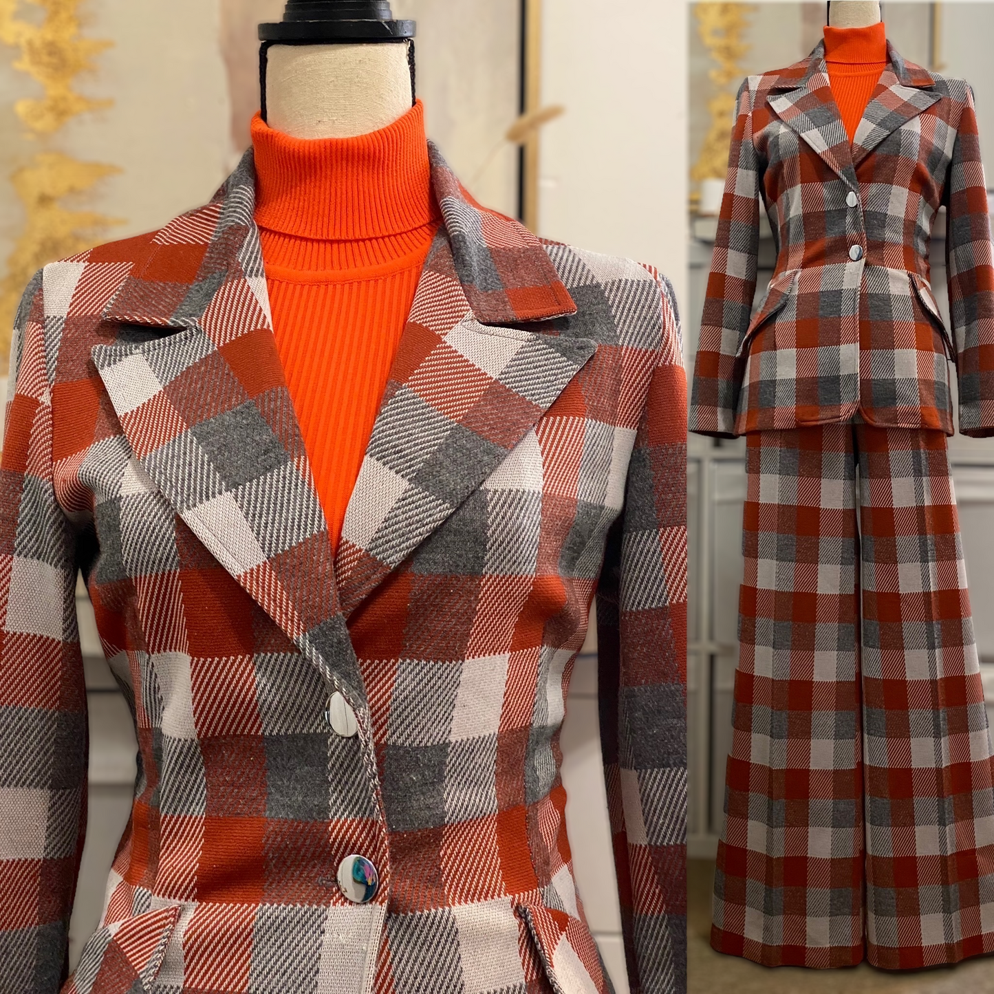 70s Fall Checkered Plaid 2PC Pantsuit (M, 28"-32" Waist)