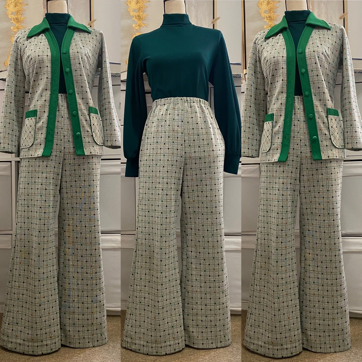 70s Polka & Grid 2PC Pant, Leisure Set (M, 25'-33" Waist)