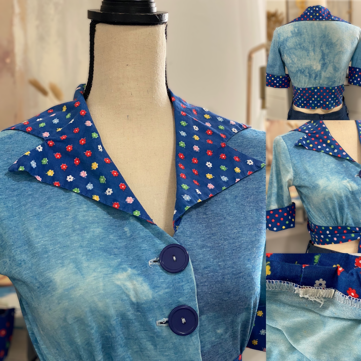 70s Tie Dye Button & Tie Front Crop Top (S, 35" Bust)