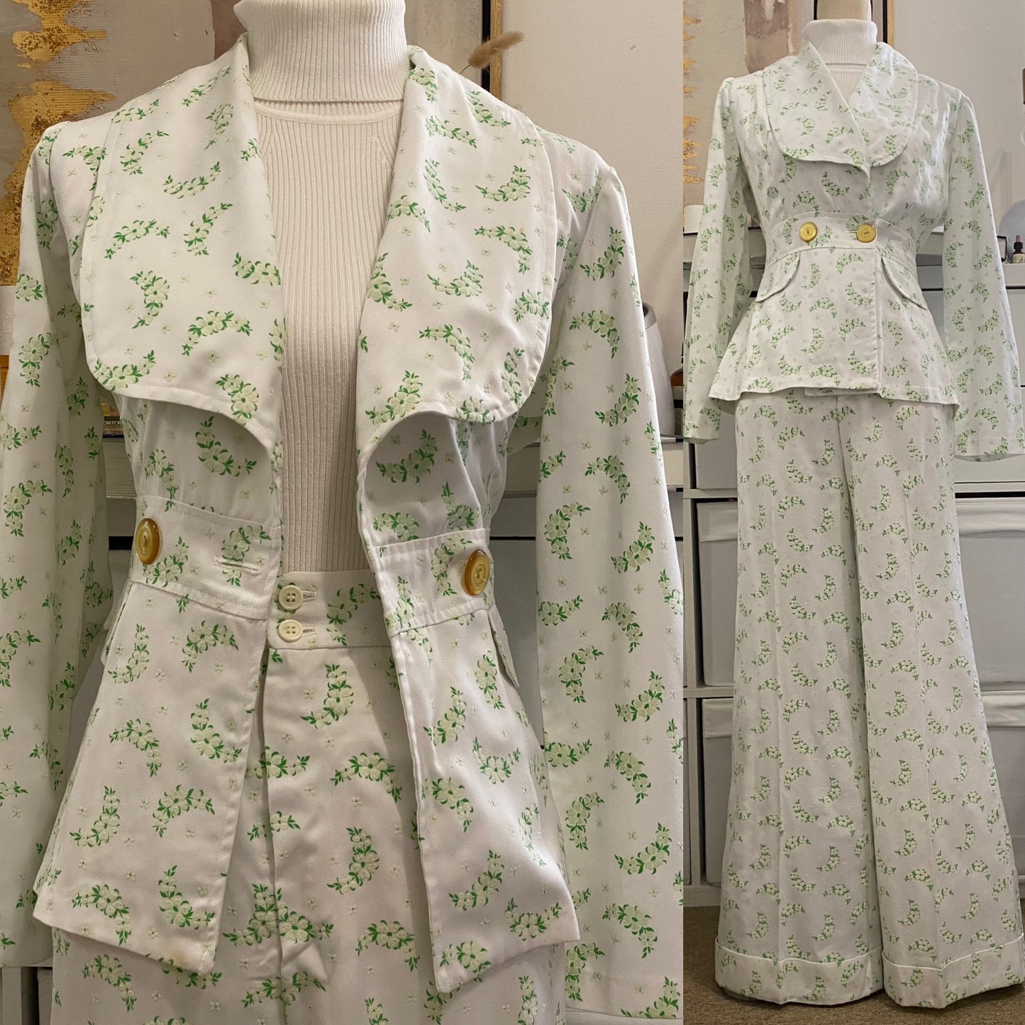 60s-70s Floral 2PC Bell Bottom Pantsuit (S, 26"Waist)