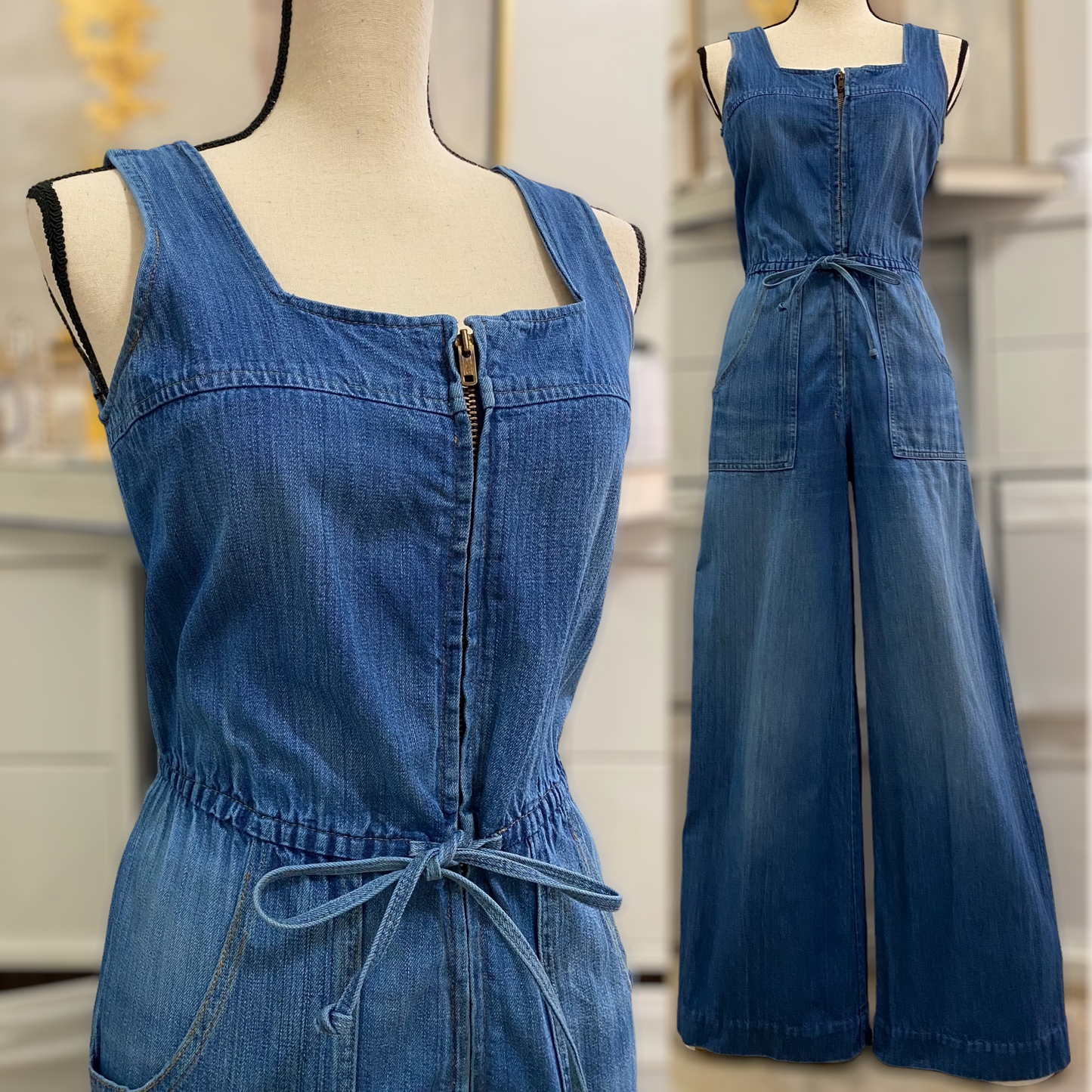 60s-70s Zipper Front, Flared Denim Overall Jumpsuit (S, 27"-30"W)