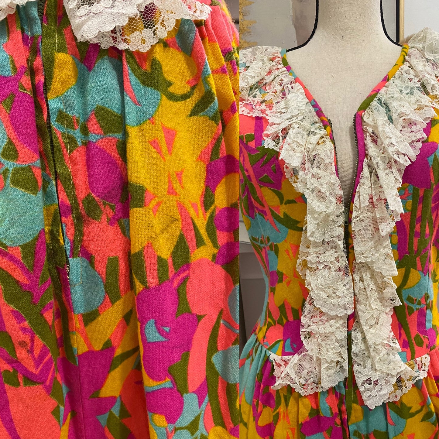 60s-70s Floral Palazzo Jumpsuit W/ Zipper Front (L, 30” waist)