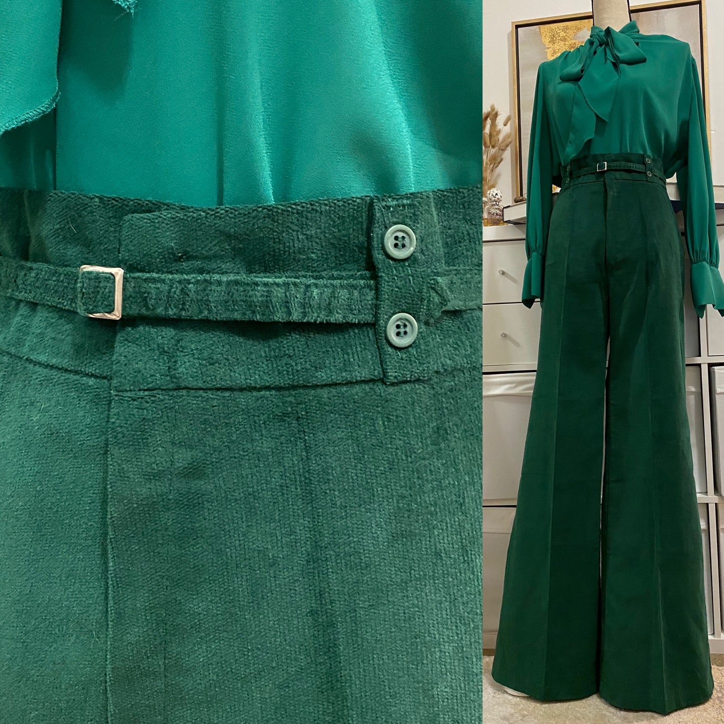 70s Emerald Cotton Velvet High Rise, Flared Pants (M, 28”-29” W)