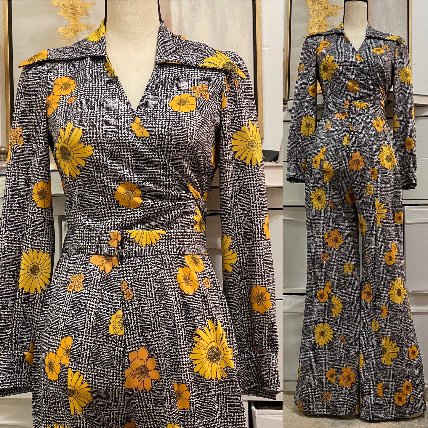 70s Sunflower 2PC Pant Set (XS-S) Cropped, Wrap Top & Wide Leg Pants