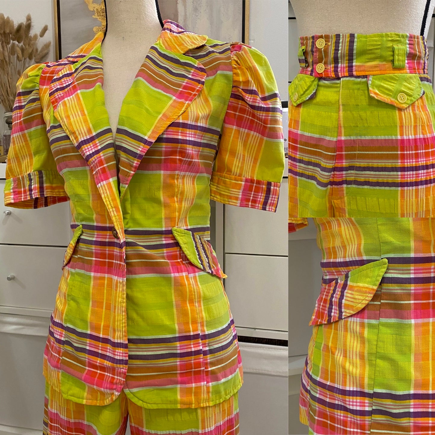 60s-70s Pastel Plaid Seersucker High Rise Pantsuit (XS, 24” waist)