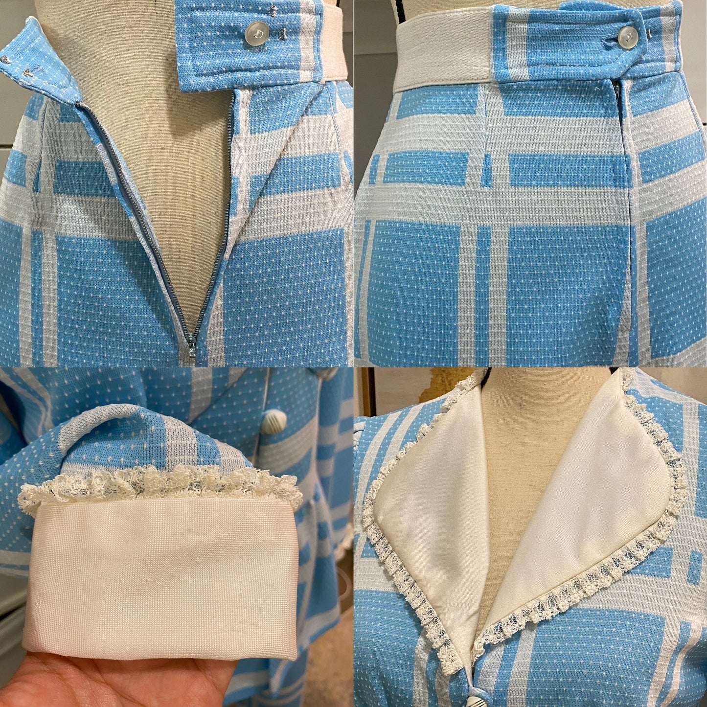70s Swiss Plaid, Frilly 2PC Pant Set (XS-S, 24”-27” waist)