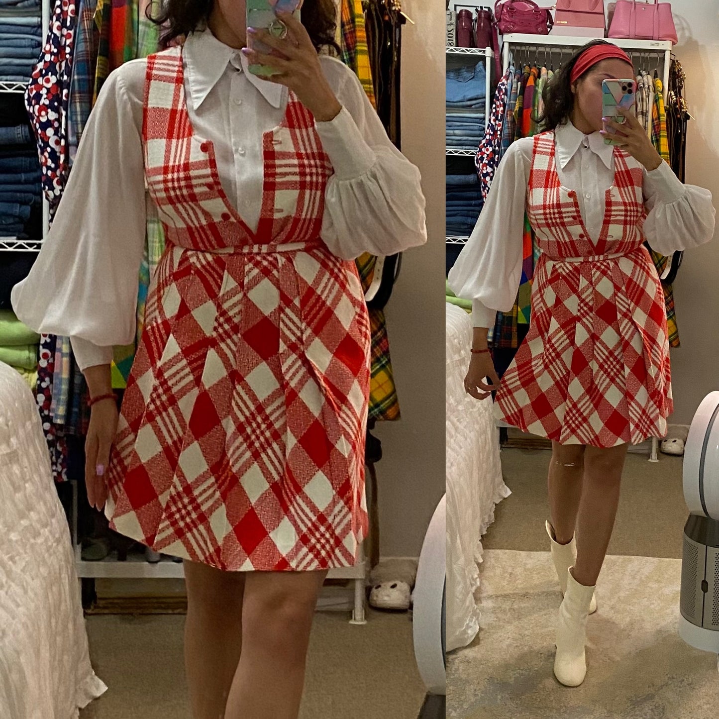 60s Bobbie Brooks Plaid 2pc Vest Skirt Set (S, 26”-27” waist)