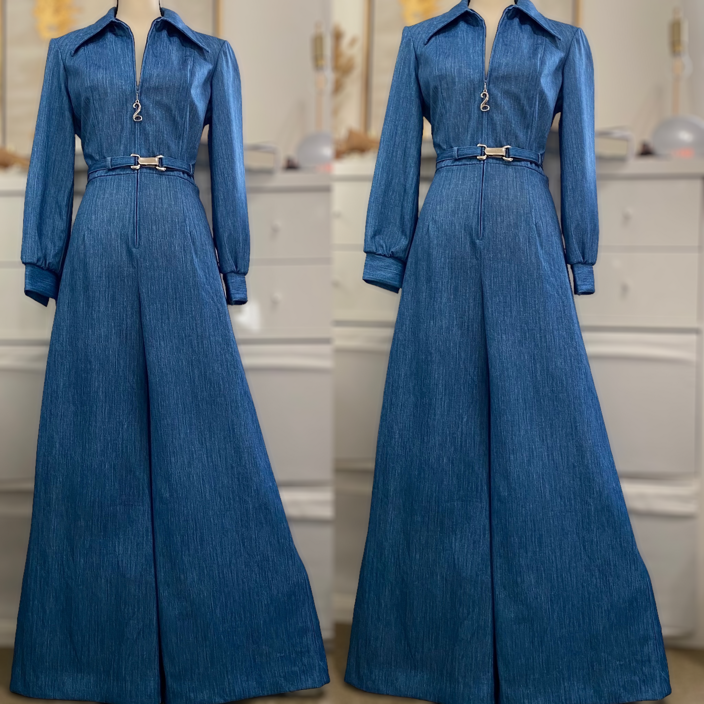 70s Faux Denim Bell Bottom Jumpsuit (M, 29” Waist)