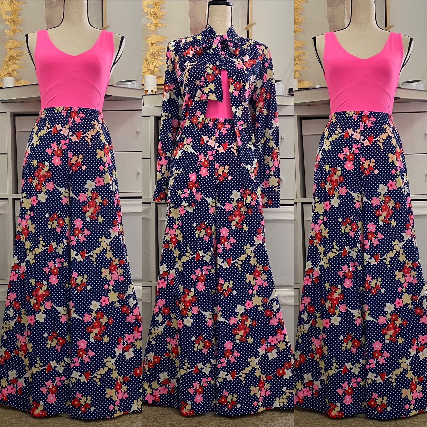 60s-70s 3PC Floral Pant Set (M, 26"-32" Waist)