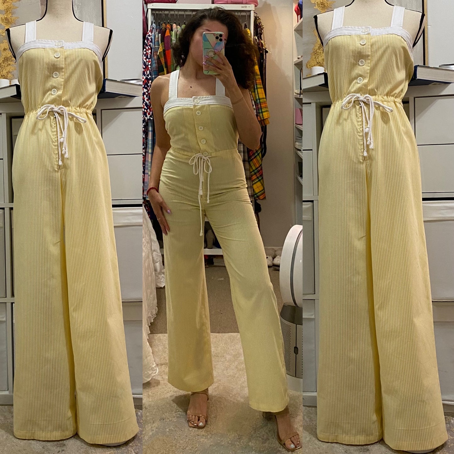 70s Seersucker Wide Leg Jumpsuit (M, 29” waist)