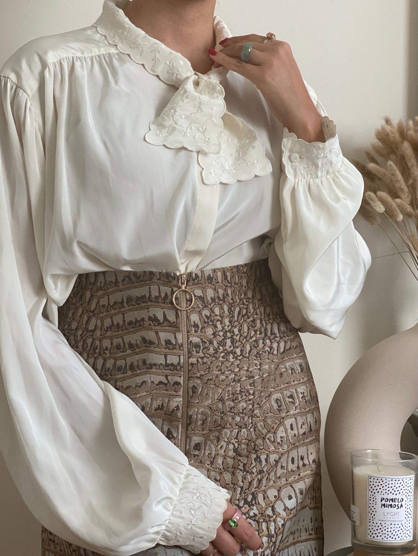 Oversized long sleeve blouse with floral embroidery neckline