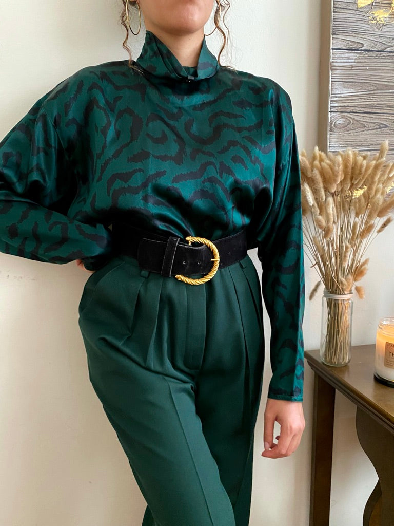 Abstract Print High Collar Long Sleeve Blouse
