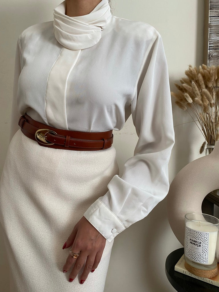 High Mock Neck Button Down Blouse