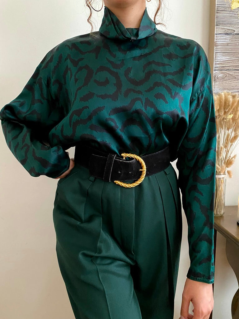Abstract Print High Collar Long Sleeve Blouse
