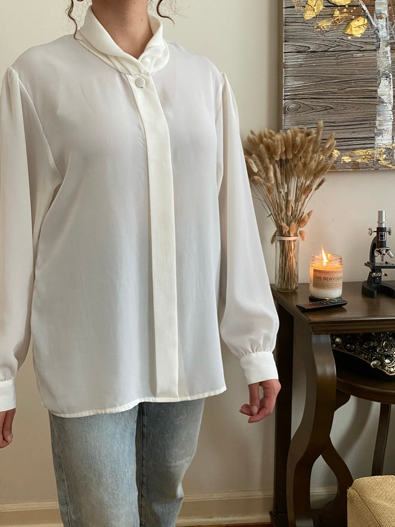 White Long Sleeve Blouse with gathered neckline