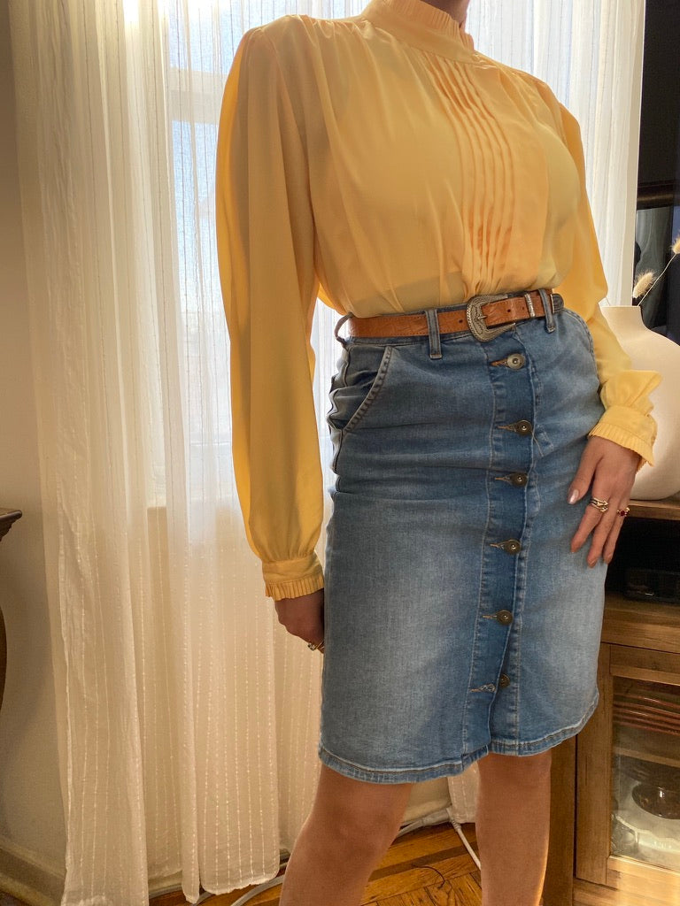 Yellow Pleated Long Sleeve Blouse