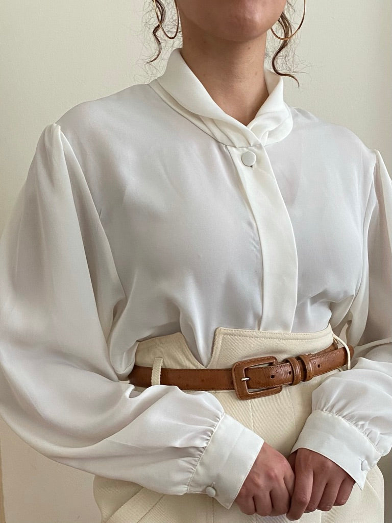White Long Sleeve Blouse with gathered neckline