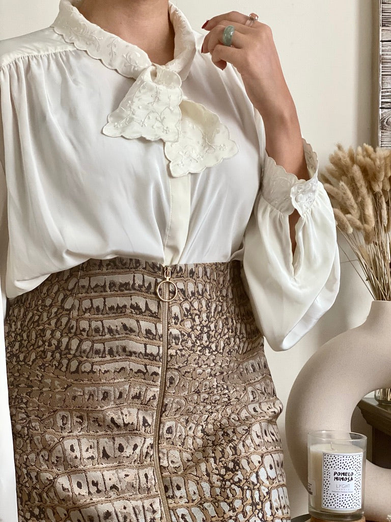 Oversized long sleeve blouse with floral embroidery neckline