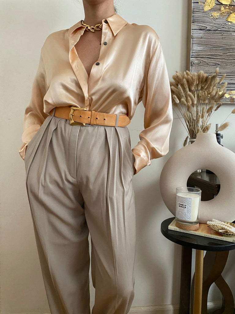 Peach Silky Long Sleeve Blouse