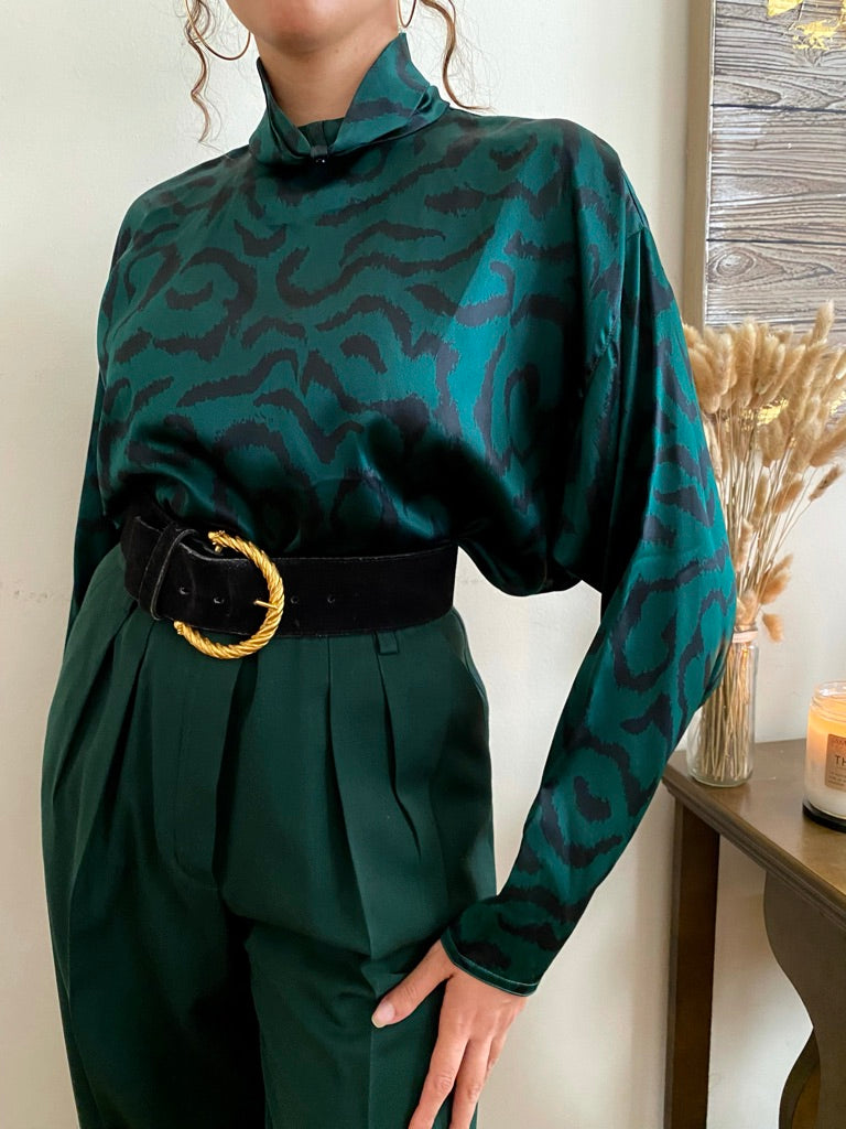 Abstract Print High Collar Long Sleeve Blouse