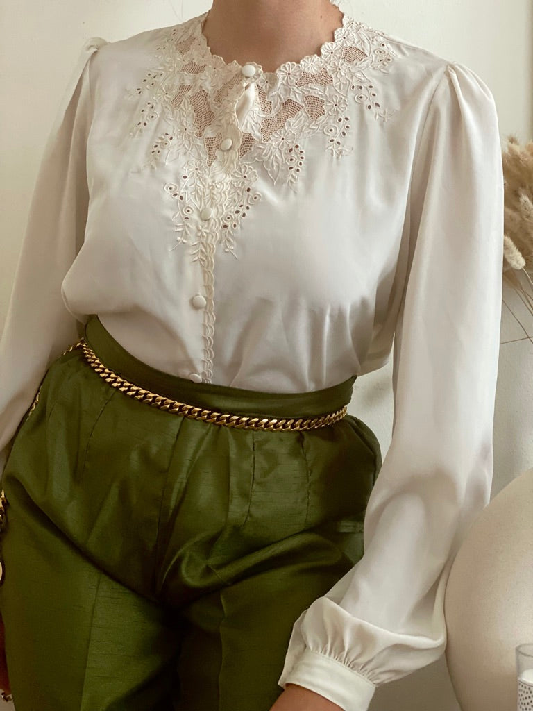 Floral silky lace long sleeve blouse