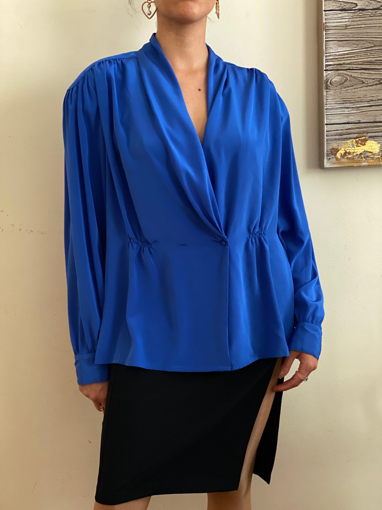 Draped Neckline with cinched waistline long sleeve blouse