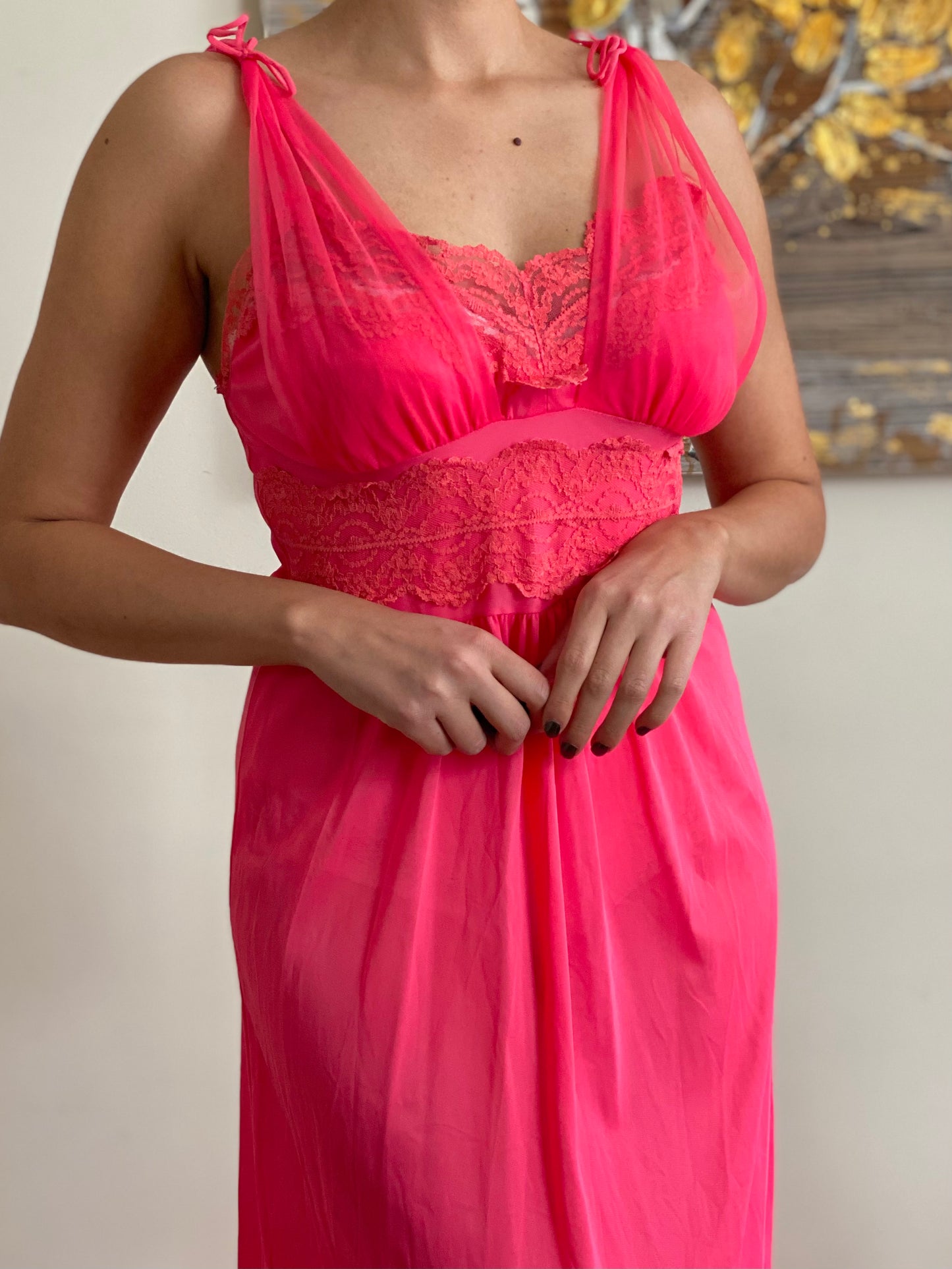 60's Pink Lace Full Slip Dress (S-34)