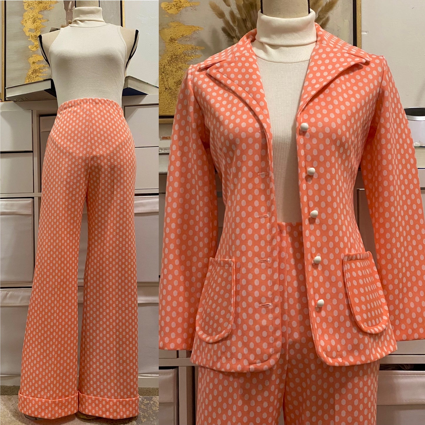 60s-70s 2-piece Polka Dot Pantsuit - Blazer & Wide Leg Bell Bottoms (XS-S)