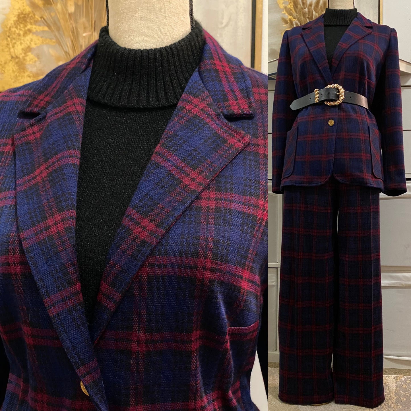 70s-80s 2pc Pantsuit Dark Plaid Ankle Crop Straight Leg (L-XL, 35"-40"W)