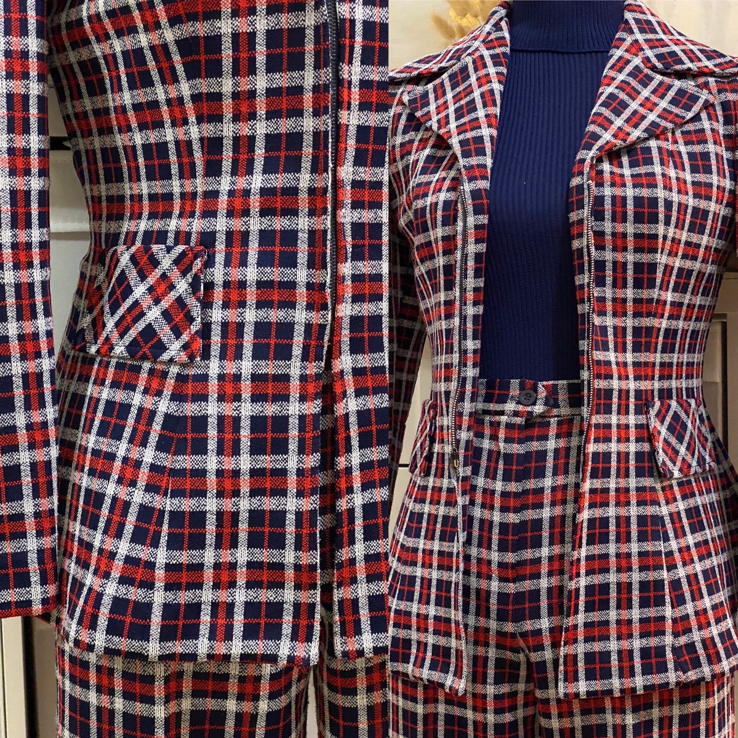 70s 2PC Plaid Wide Leg Pantsuit (M, 30"W)