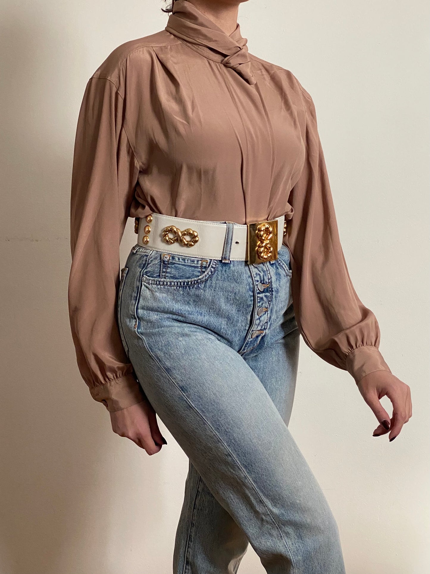 90's Mock Jabot Collar Long Sleeve Blouse (M)