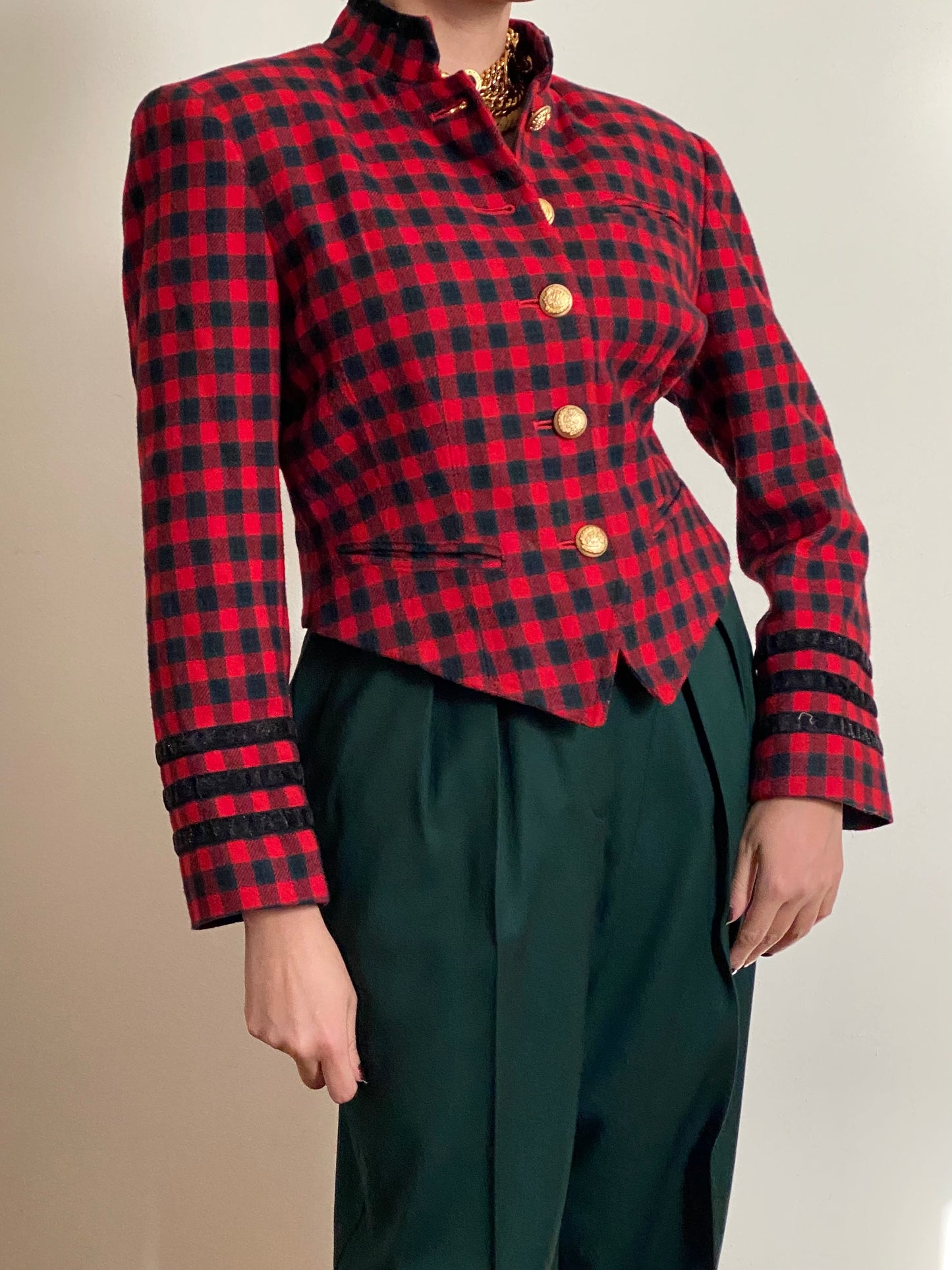 90's Buffalo Plaid Military Style Wool Blazer Jacket (S)