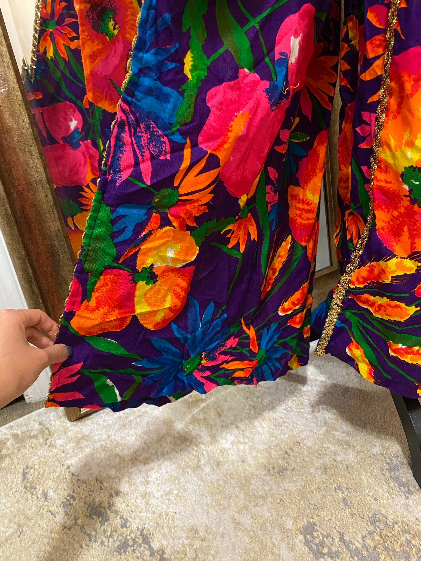 70's Floral Palazzo Jumpsuit with Gold Trim (S)