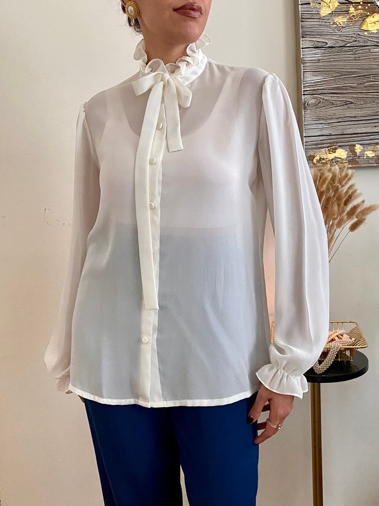 Ruffle high mock neck long sleeve blouse