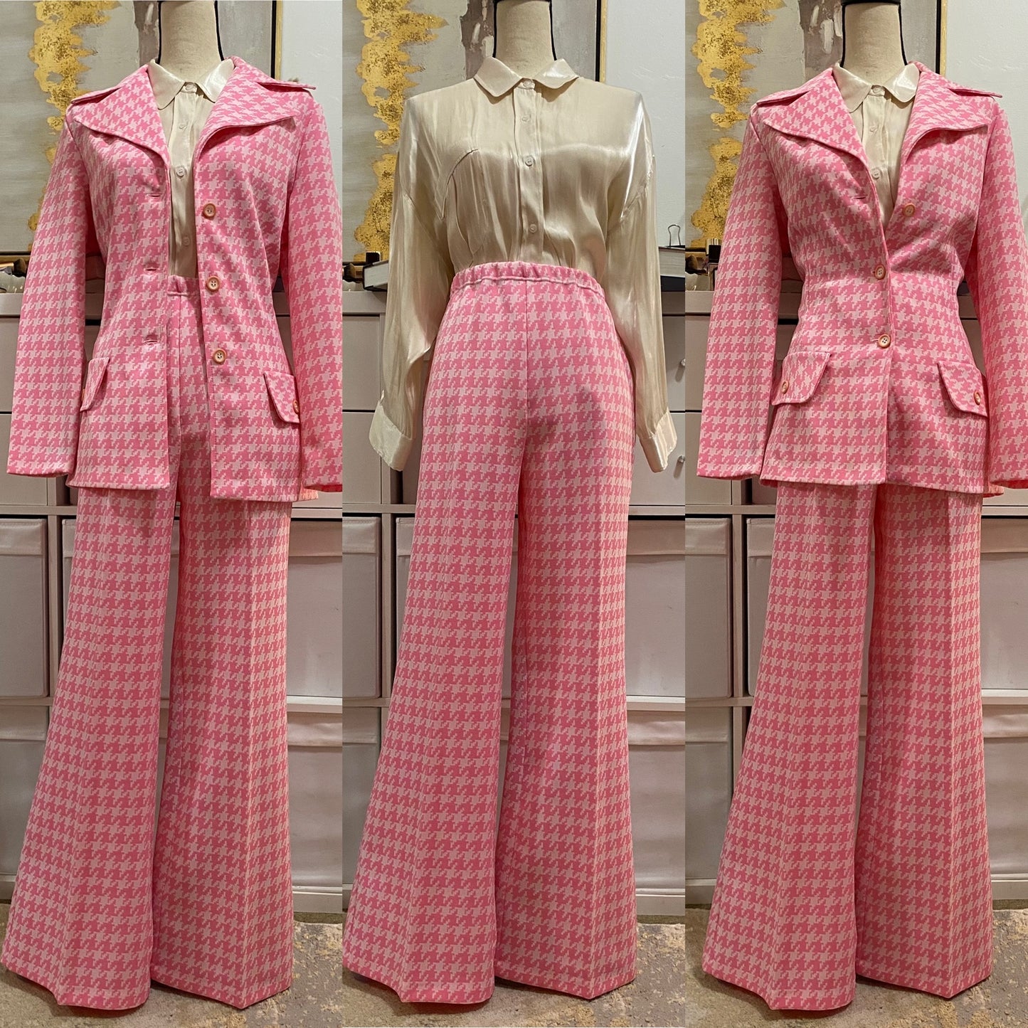 70's Houndstooth Pink 2pc Bell Bottom Pantsuit (L)