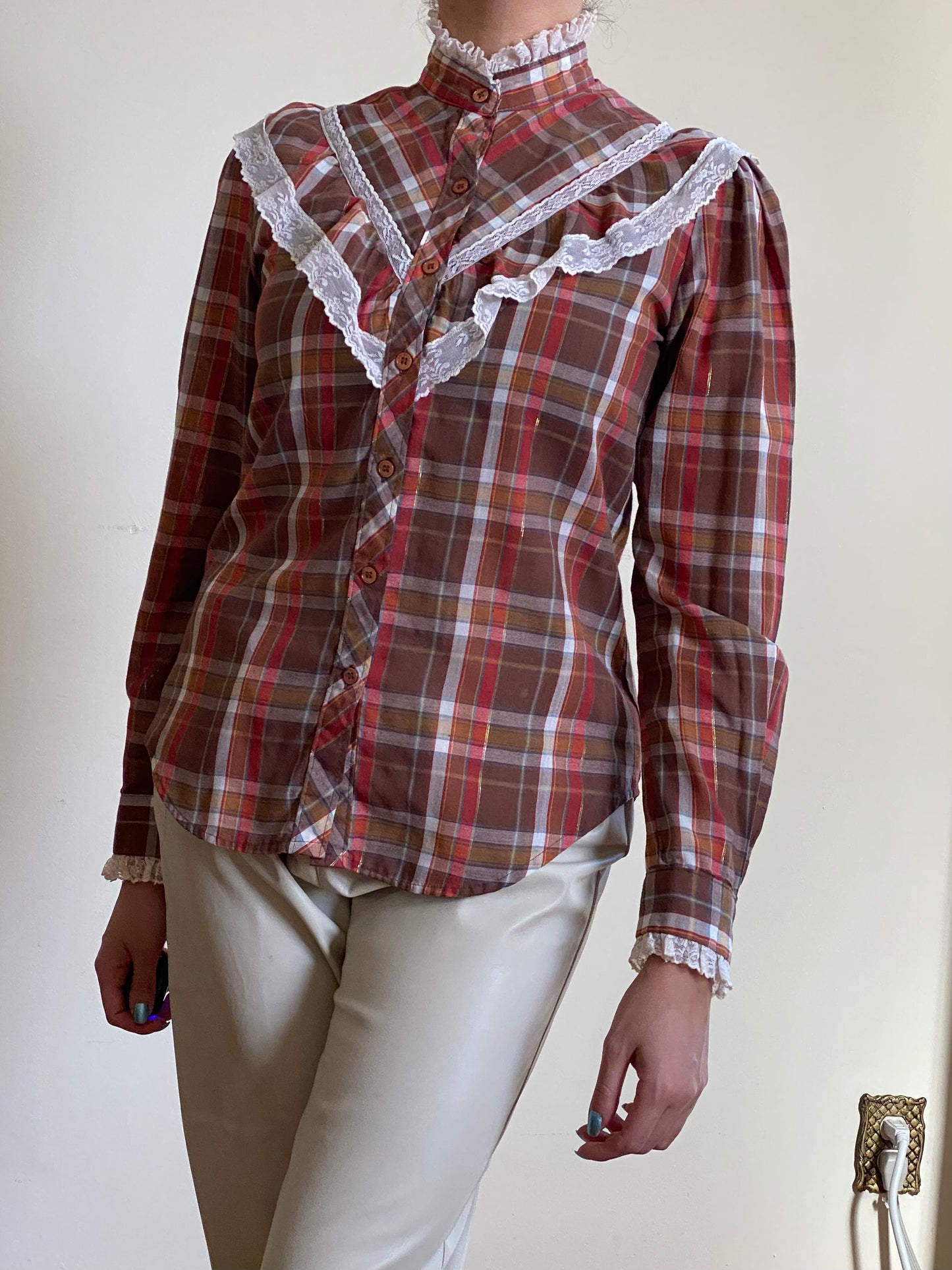 70's Western Style Ruffle Lace Blouse (S)