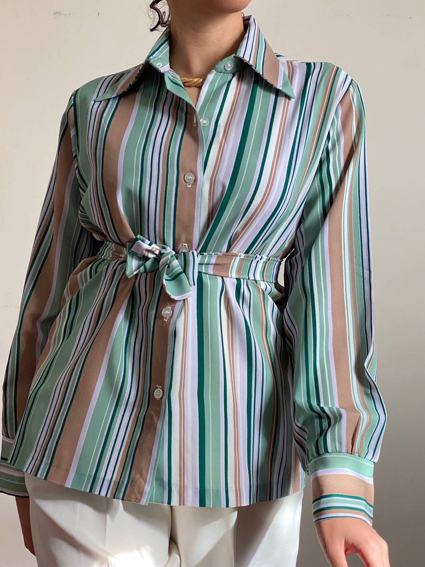 70's Striped Long Sleeve Button Up Blouse (M)