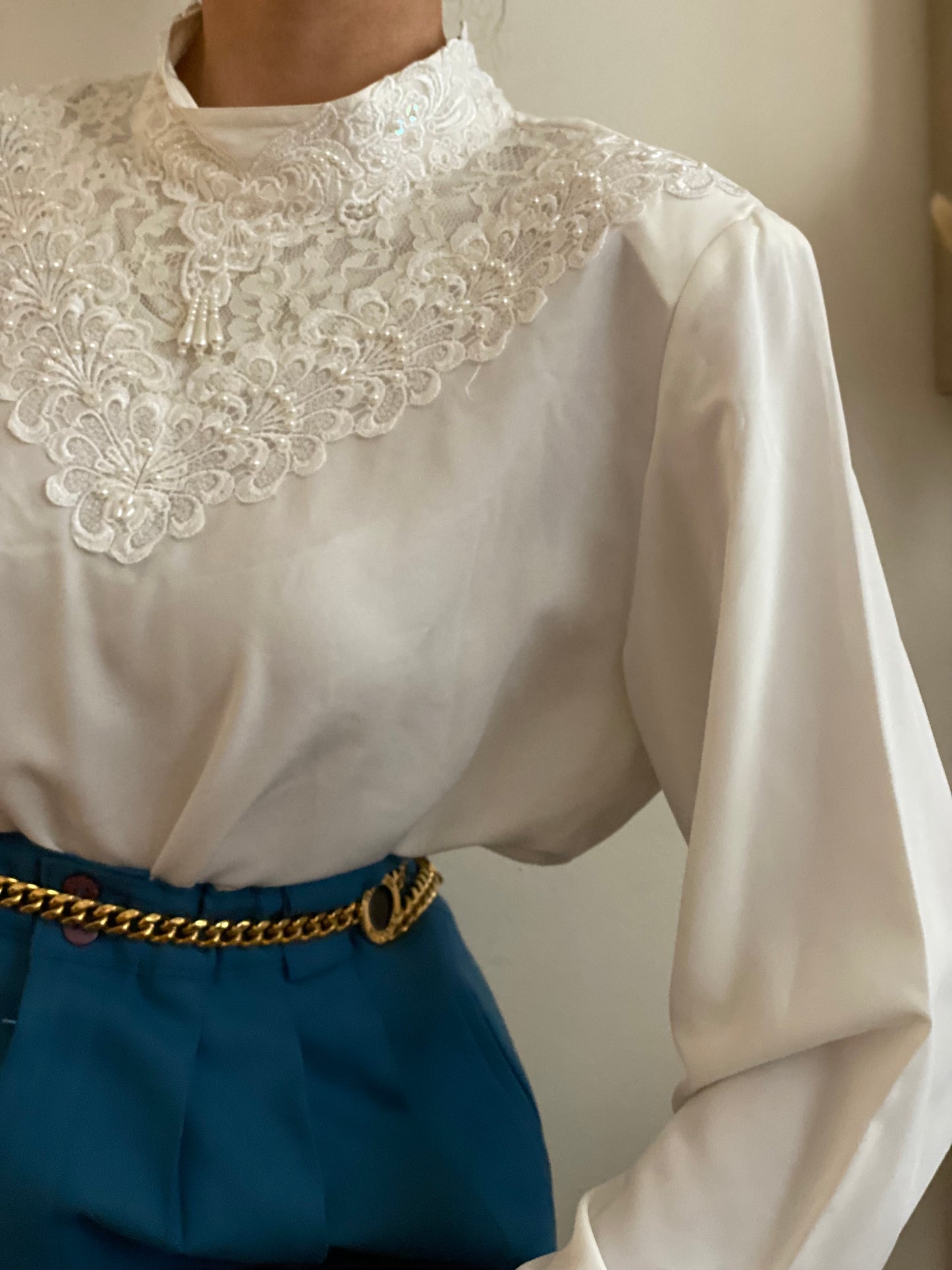 Lace & Pearl Accents Long Sleeve Blouse
