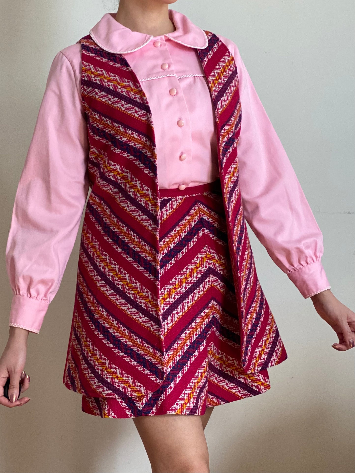 70's Bubblegum Pink Peter Pan Collar Puffy Sleeve Blouse (S-M)