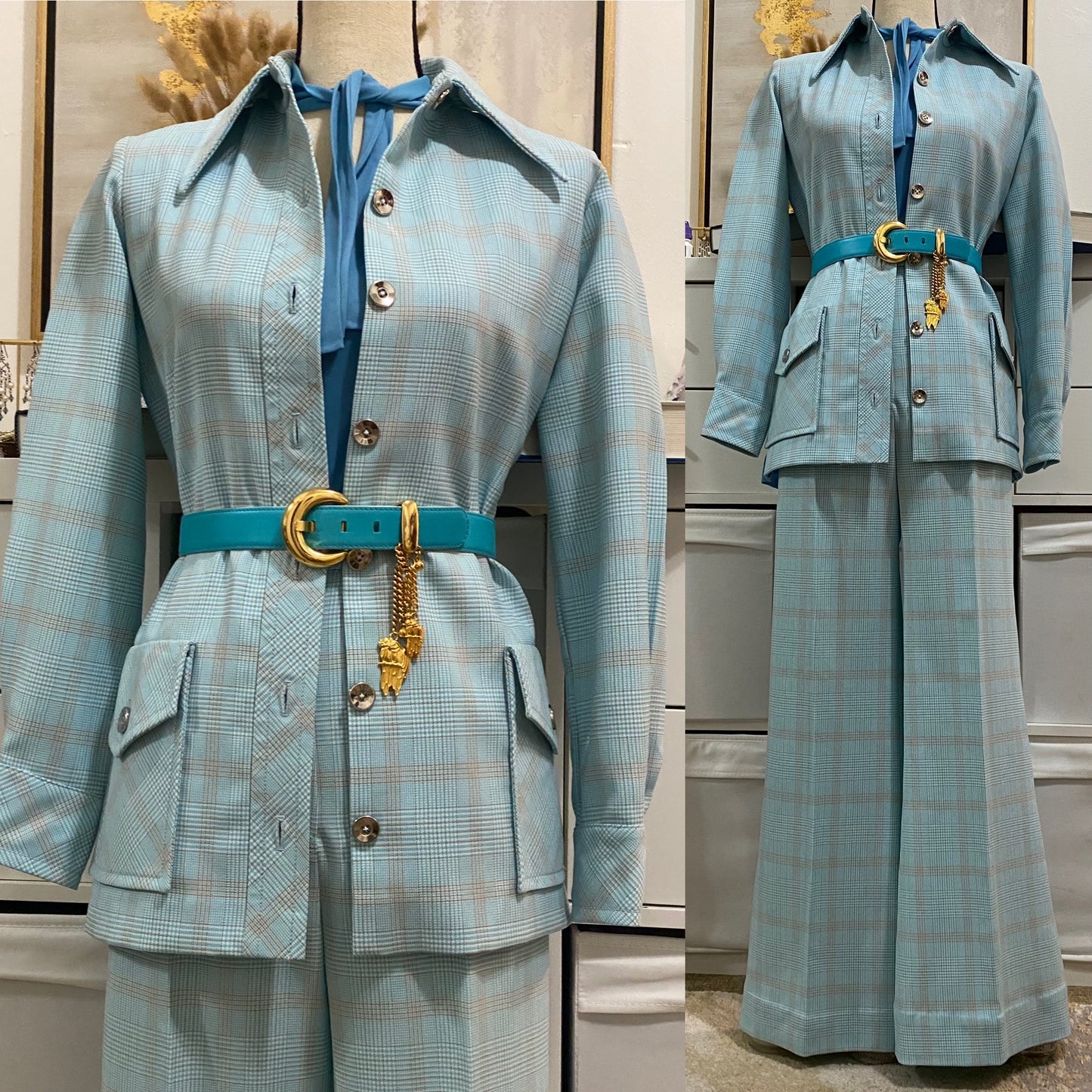 70's Blue Plaid 2Pc Bell Bottom Pantsuit (M, 29"W)