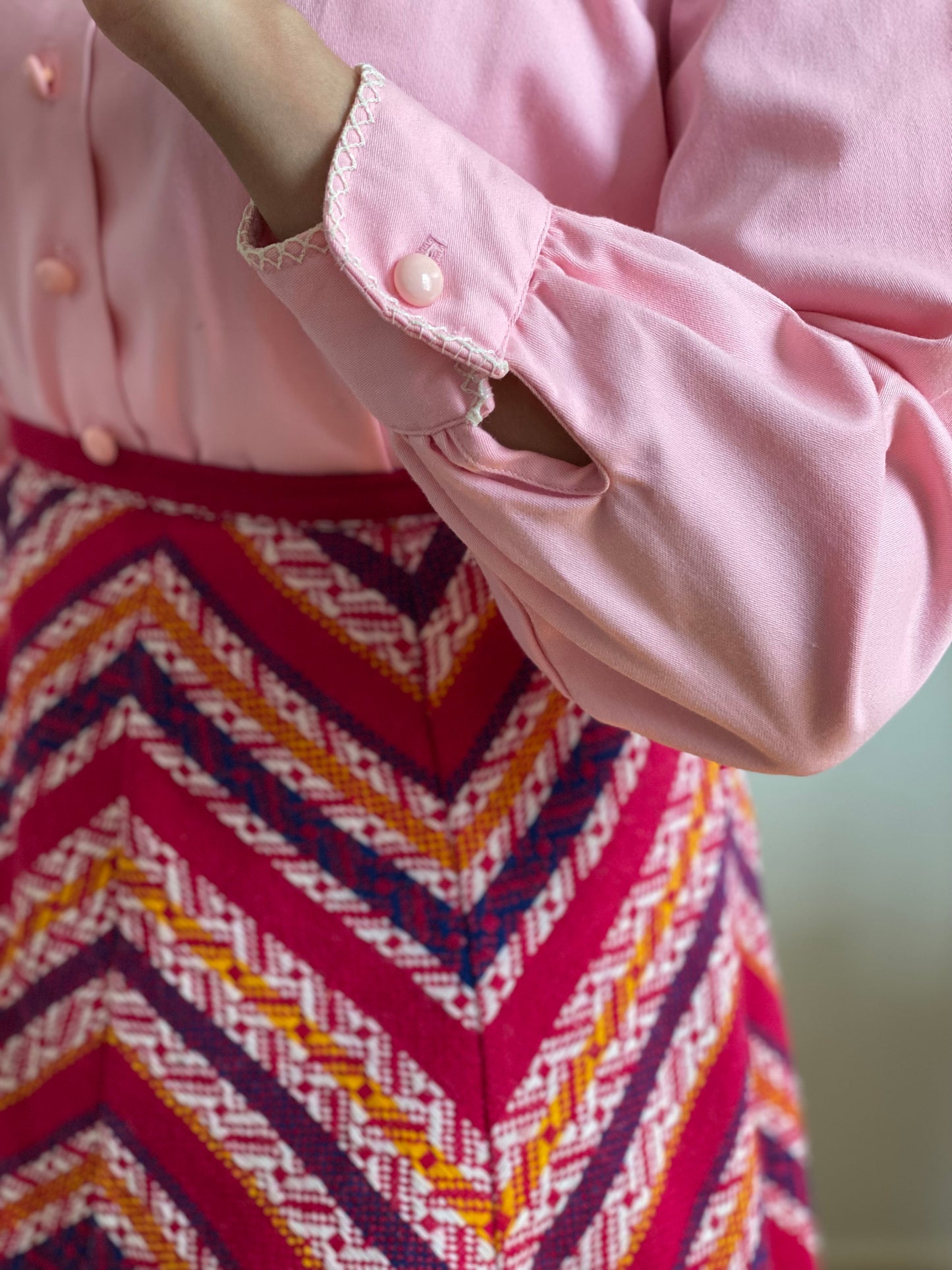70's Bubblegum Pink Peter Pan Collar Puffy Sleeve Blouse (S-M)